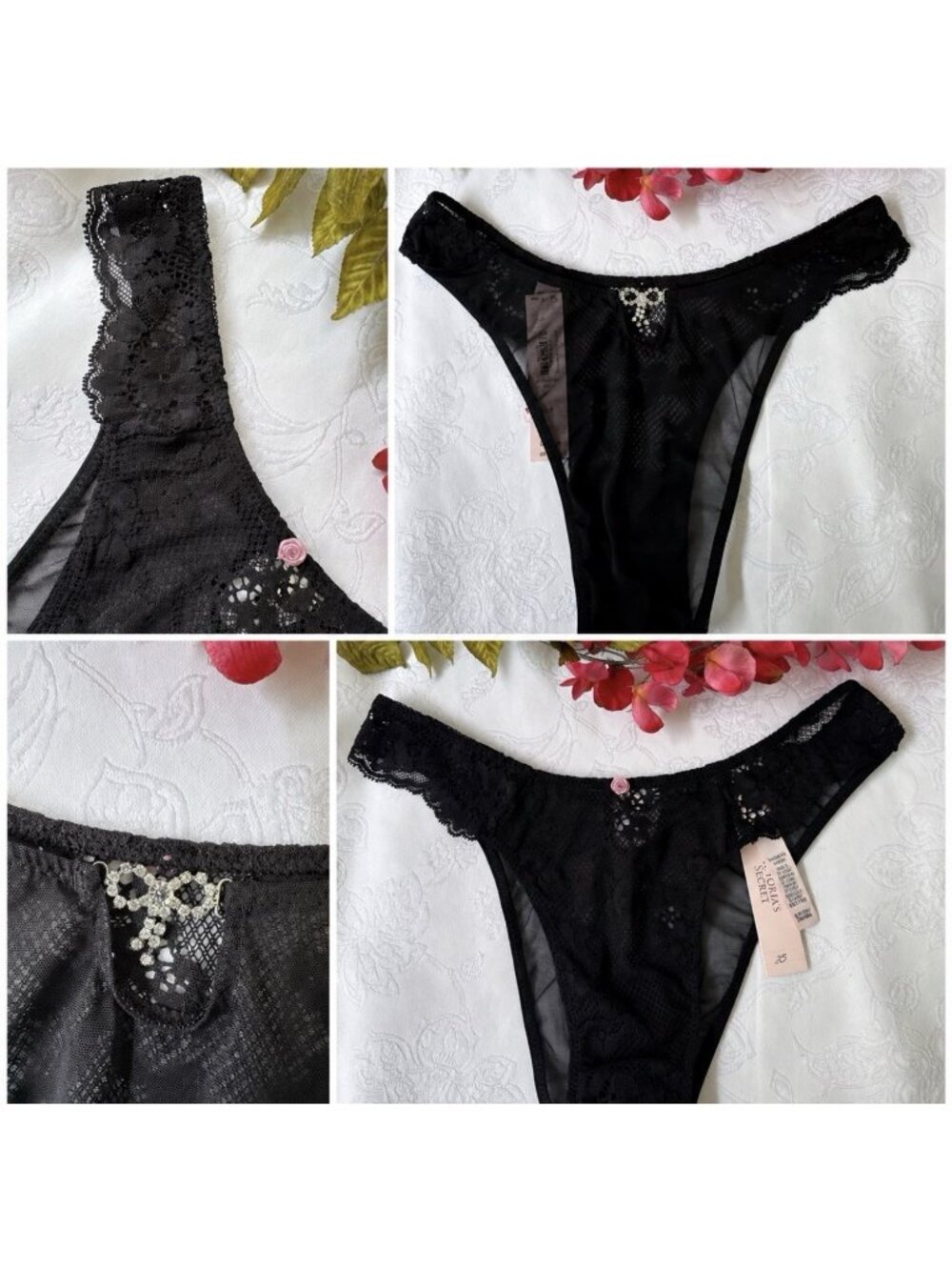 VICTORIA'S SECRET DREAM ANGELS M BLACK RHINESTONE BLING CHARM THONG PANTIES NWT
